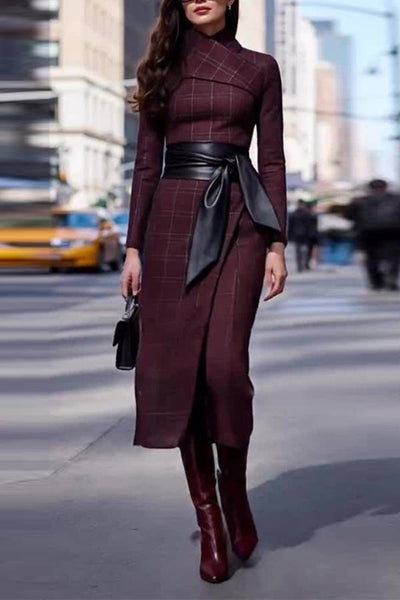 Vestido largo elegante de lana con cintura anudada