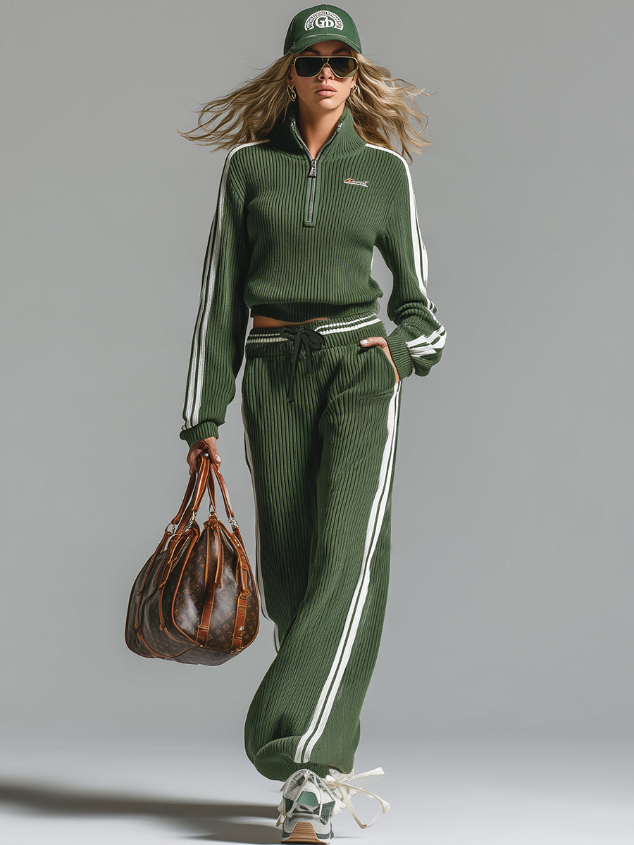 Conjunto Retro Casual con Suéter de Media Cremallera y Pantalones Verdes