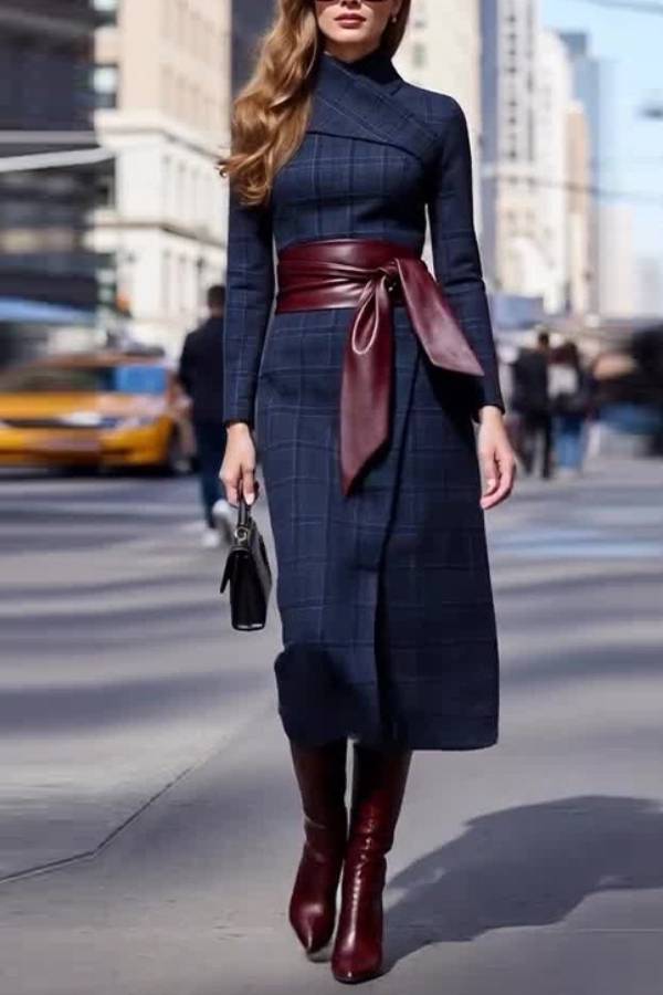 Vestido largo elegante de lana con cintura anudada