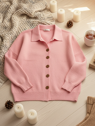 Suéter tipo cárdigan de punto con botones de solapa para mujer