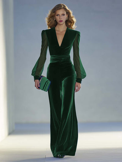 Chándal Elegante de Terciopelo Azul Rey con Escote en V y Detalles en Mesh