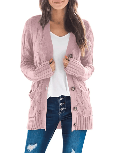 Cárdigan de punto trenzado de mujer, de manga larga, estilo casual de otoño, con botones y abertura frontal