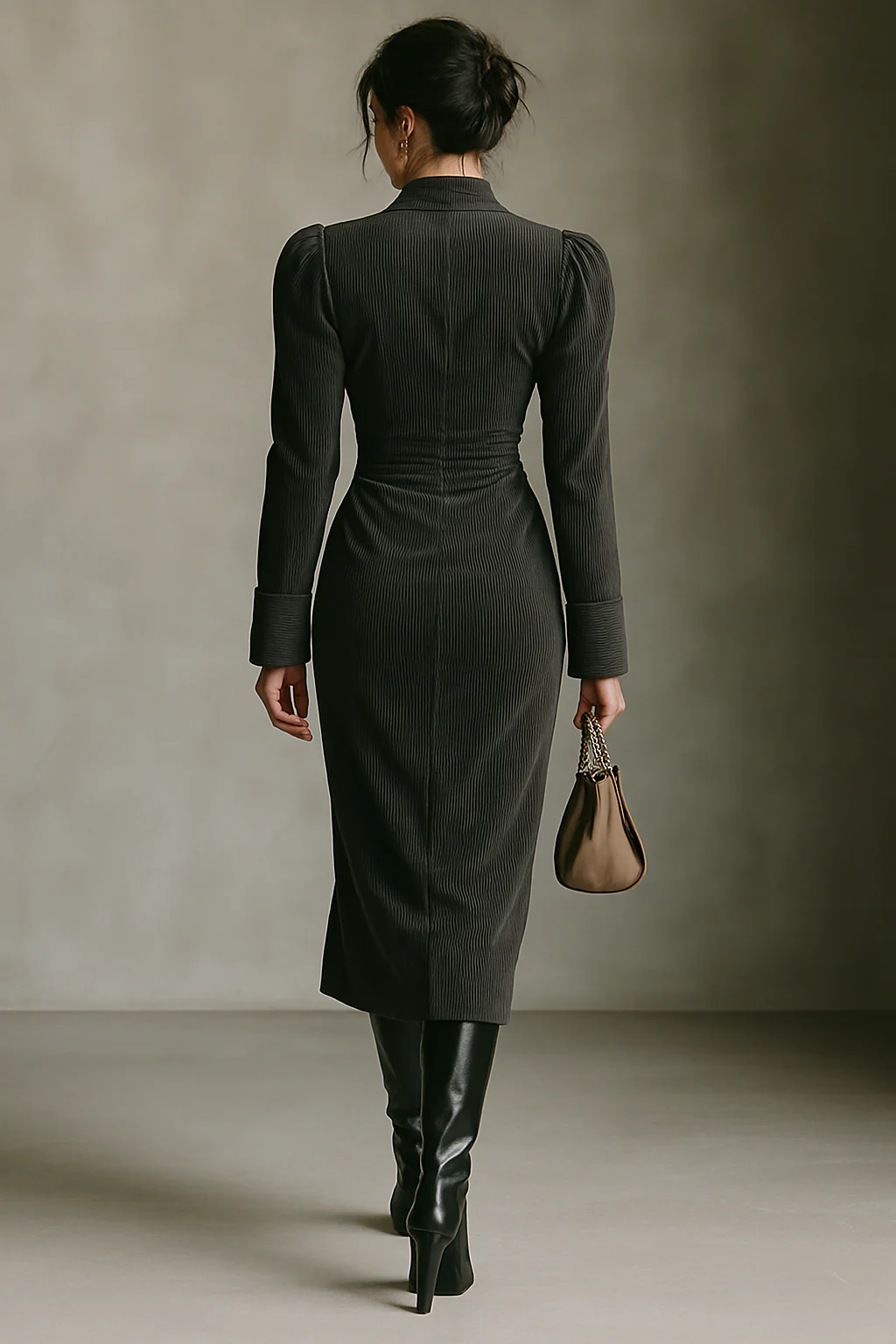 Valeria - Vestido maxi de pana negra con escote en V y cintura marcada