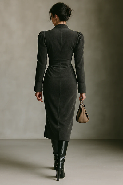 Valeria - Vestido maxi de pana negra con escote en V y cintura marcada