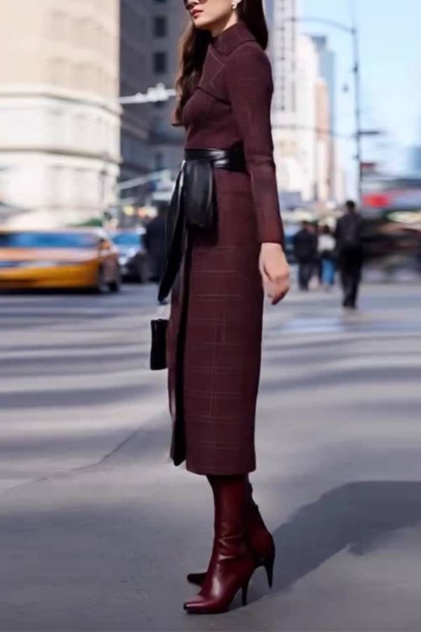 Vestido largo elegante de lana con cintura anudada