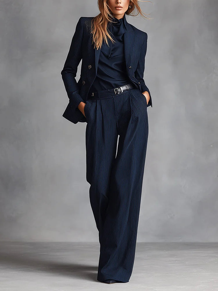 Conjunto de traje cruzado clásico de raya diplomática azul marino para mujer