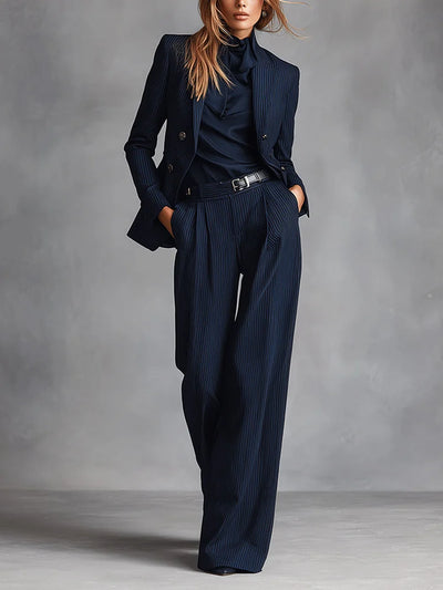 Conjunto de traje cruzado clásico de raya diplomática azul marino para mujer