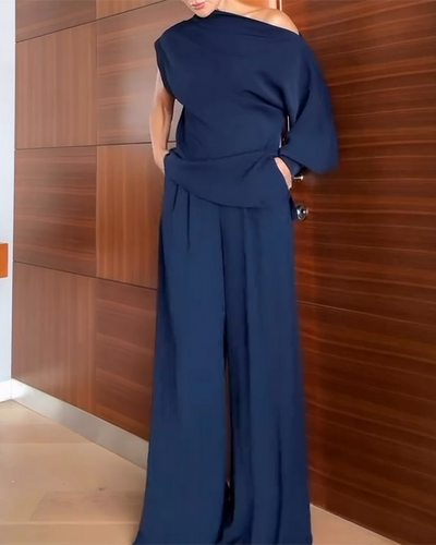 Conjunto de mujer de dos piezas: top de un hombro/off-shoulder de manga larga y pantalones
