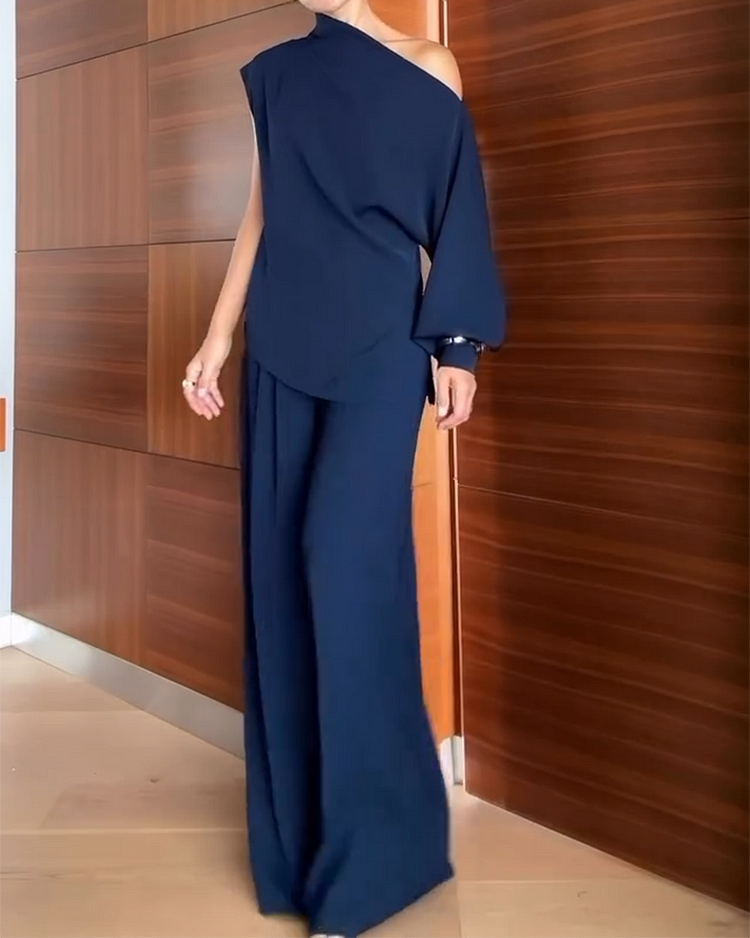 Conjunto de mujer de dos piezas: top de un hombro/off-shoulder de manga larga y pantalones