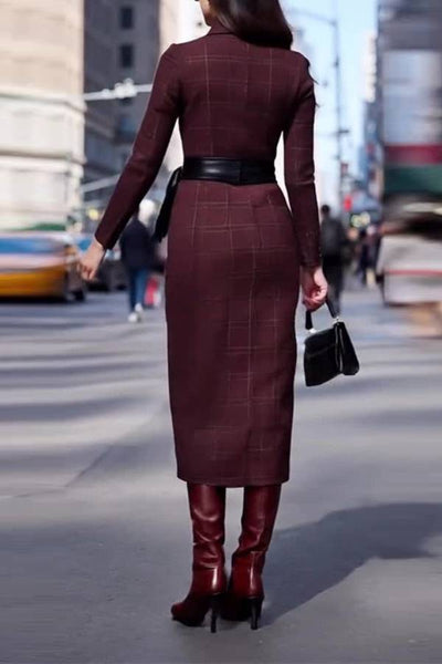 Vestido largo elegante de lana con cintura anudada