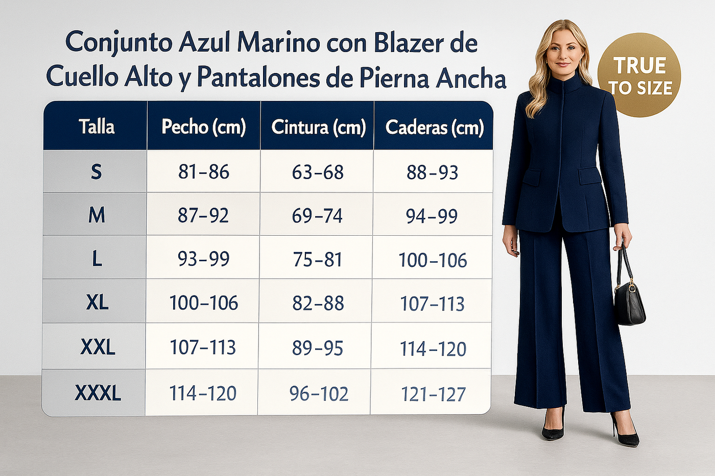 Conjunto Azul Marino con Blazer de Cuello Alto y Pantalones de Pierna Ancha