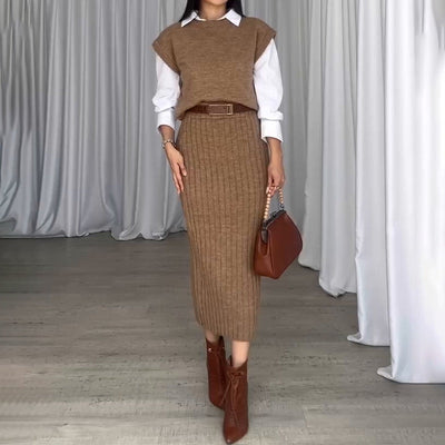 Sofia - Conjunto de Suéter de Manga Corta y Falda Midi de Punto Elástico