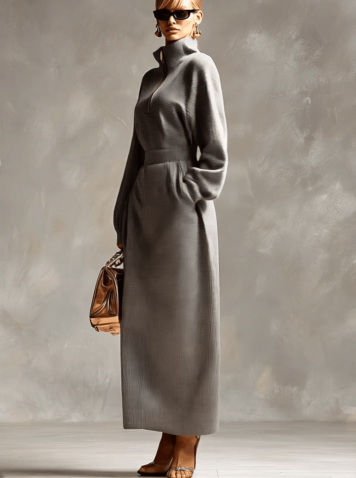 Vestido Maxi Casual con Cremallera y Cuello Gris Claro