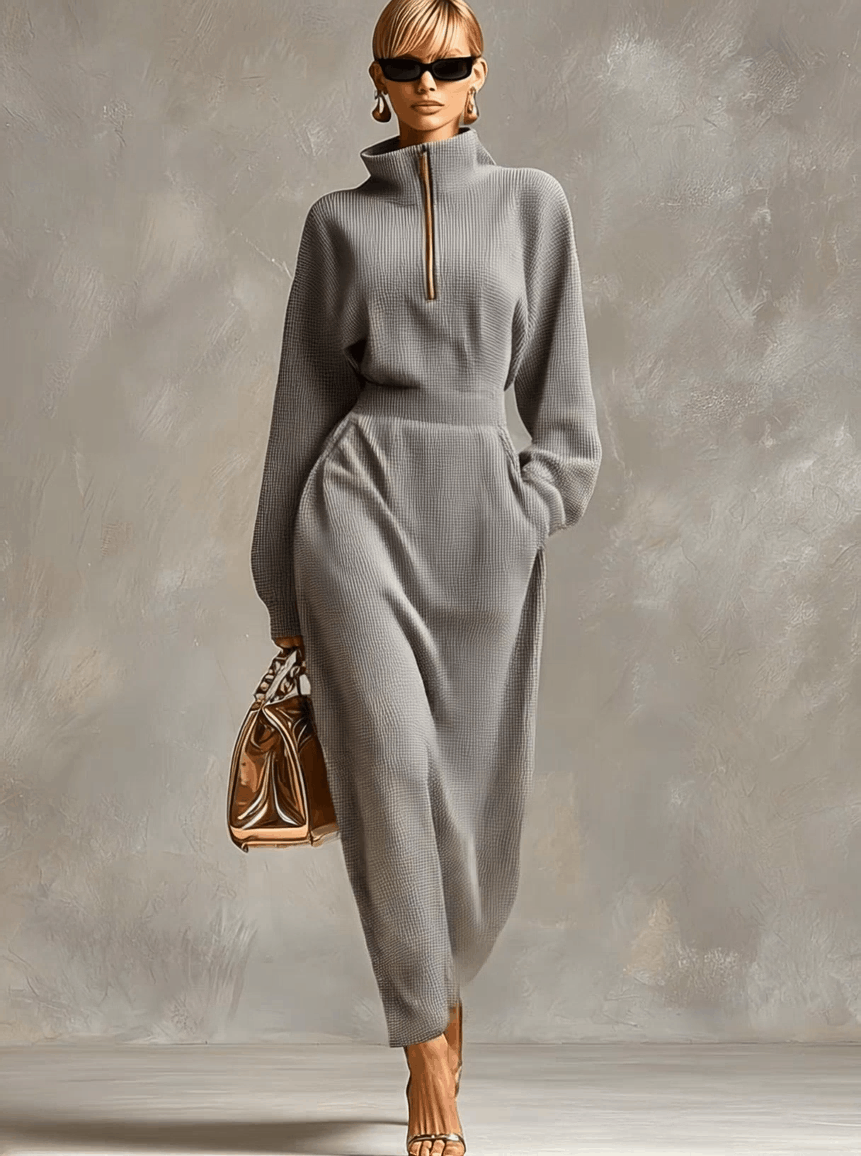 Vestido Maxi Casual con Cremallera y Cuello Gris Claro