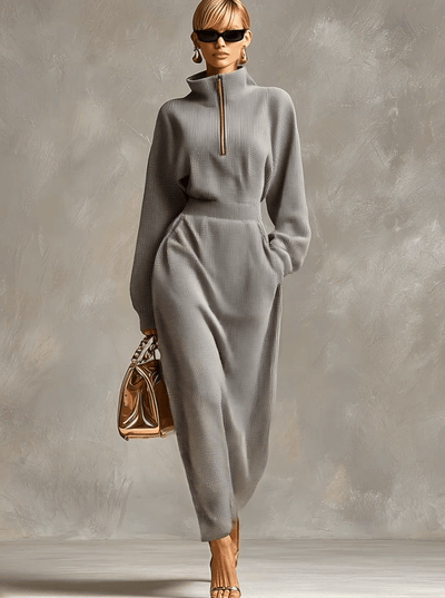 Vestido Maxi Casual con Cremallera y Cuello Gris Claro