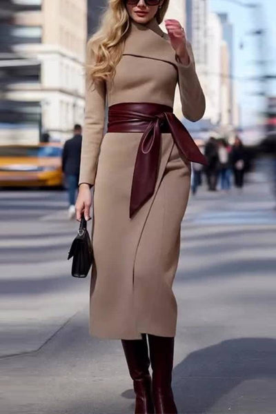 Vestido largo elegante de lana con cintura anudada