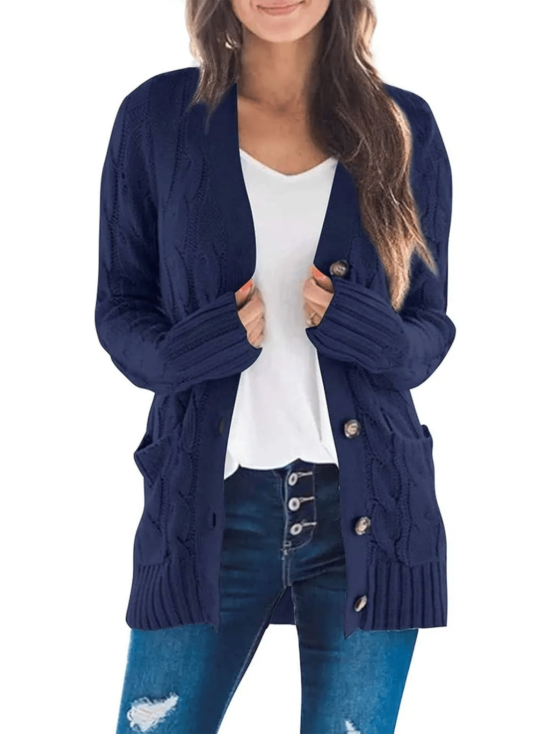 Cárdigan de punto trenzado de mujer, de manga larga, estilo casual de otoño, con botones y abertura frontal