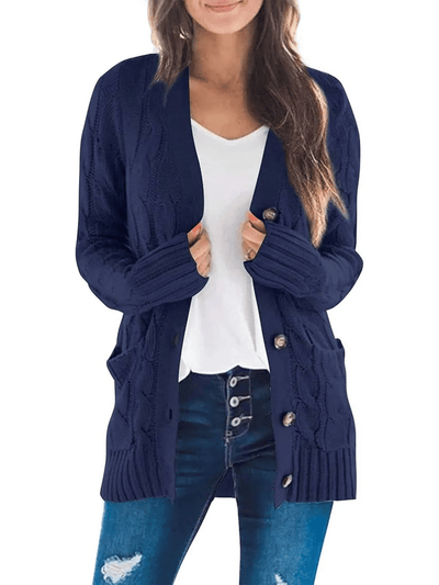 Cárdigan de punto trenzado de mujer, de manga larga, estilo casual de otoño, con botones y abertura frontal