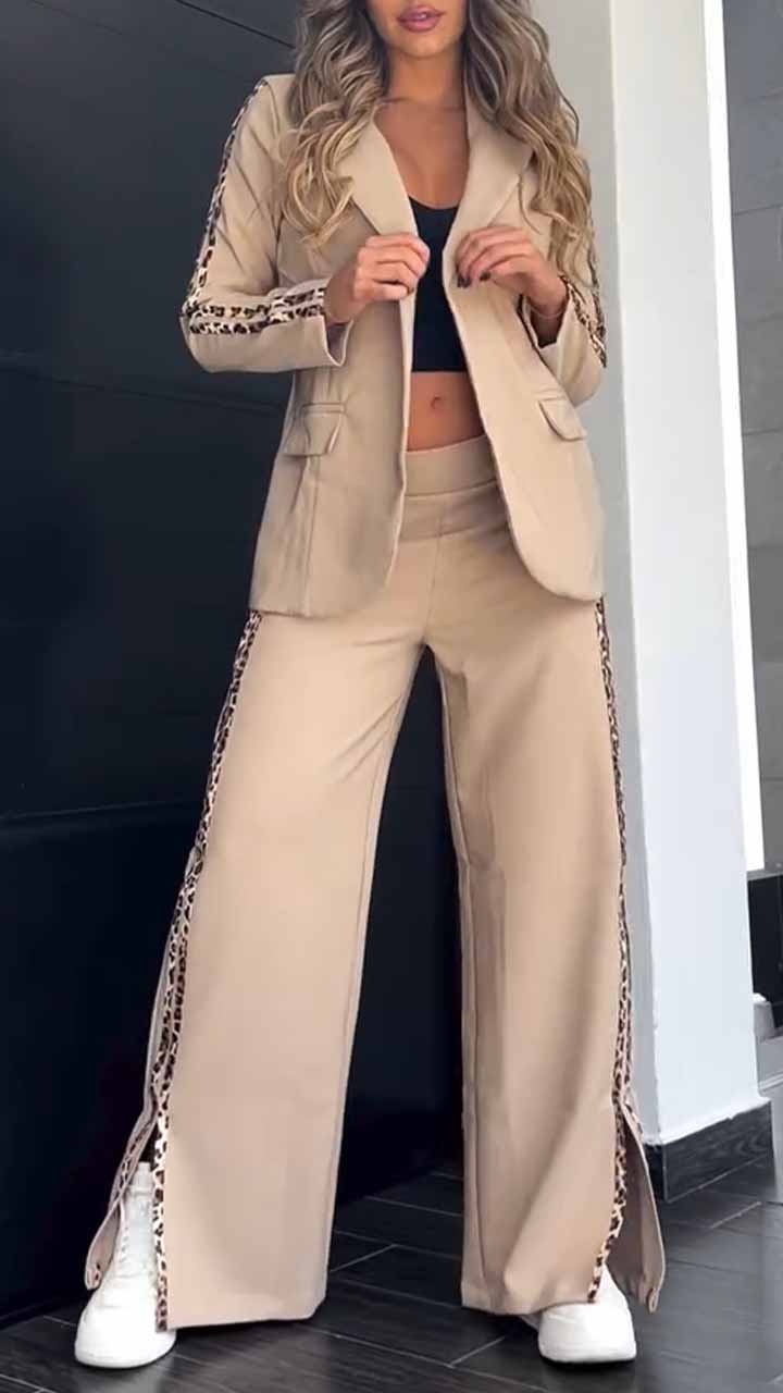 Conjunto de blazer y pantalón ancho con ribete de leopardo