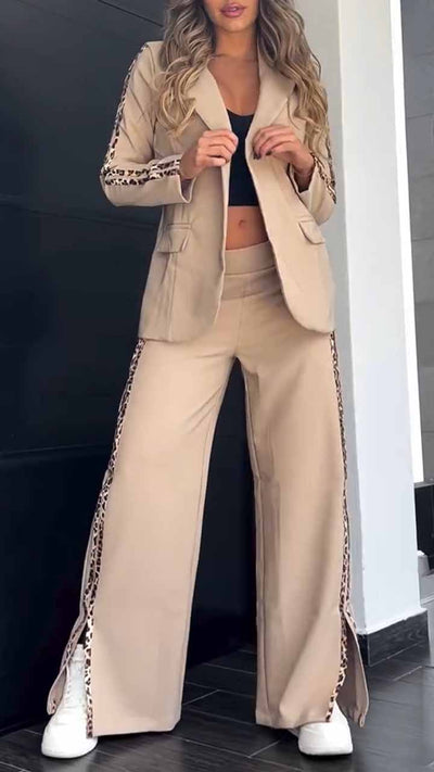 Conjunto de blazer y pantalón ancho con ribete de leopardo
