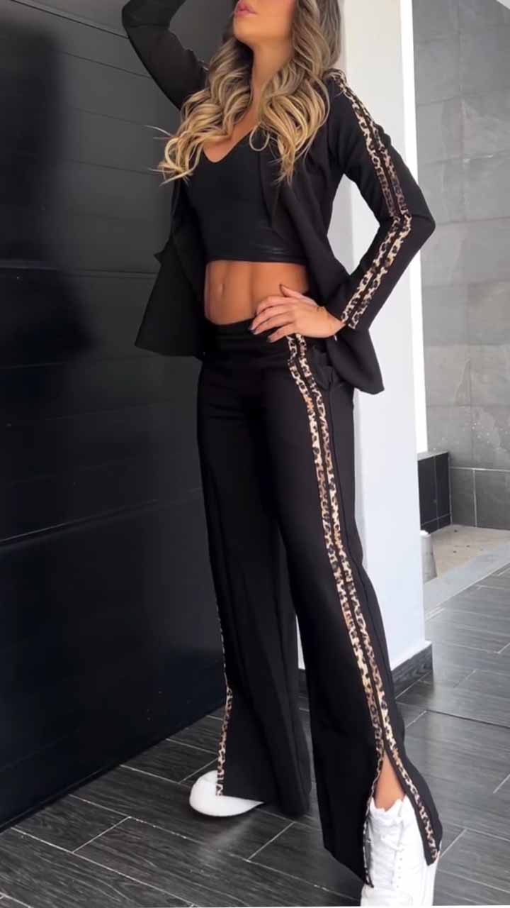 Conjunto de blazer y pantalón ancho con ribete de leopardo