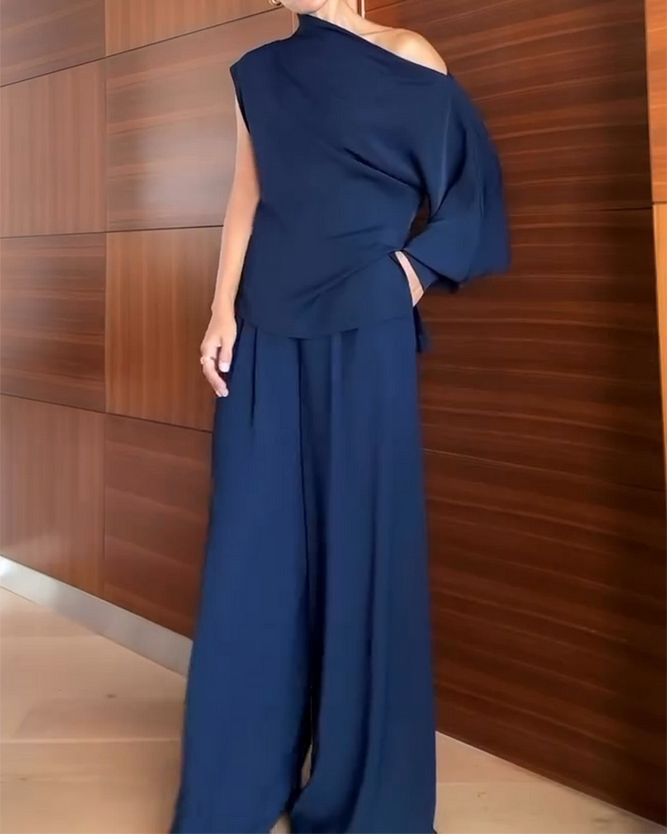 Conjunto de mujer de dos piezas: top de un hombro/off-shoulder de manga larga y pantalones