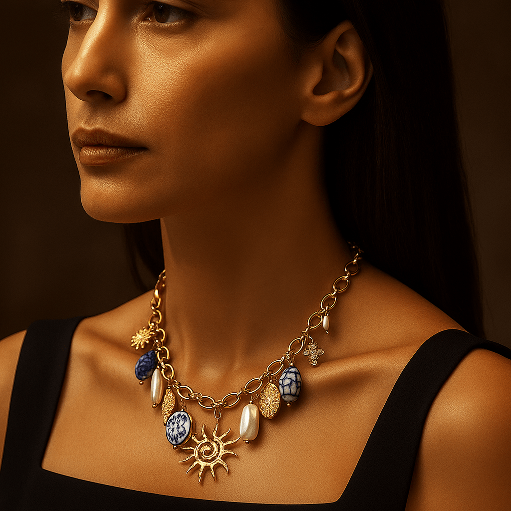 Collar Charms Solea – Acero dorado 18k y dijes sol, perla y cerámica