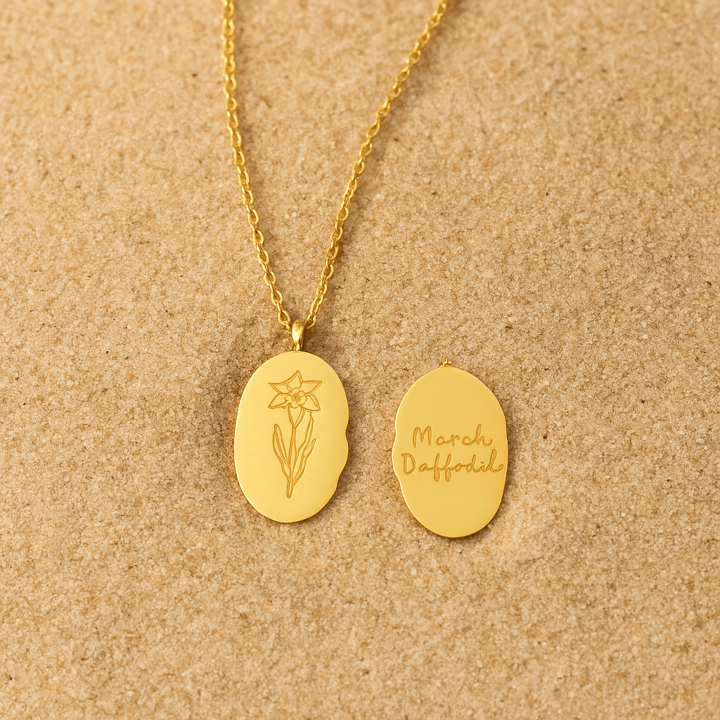 Collar Primavera – Medallón grabado y flor del mes