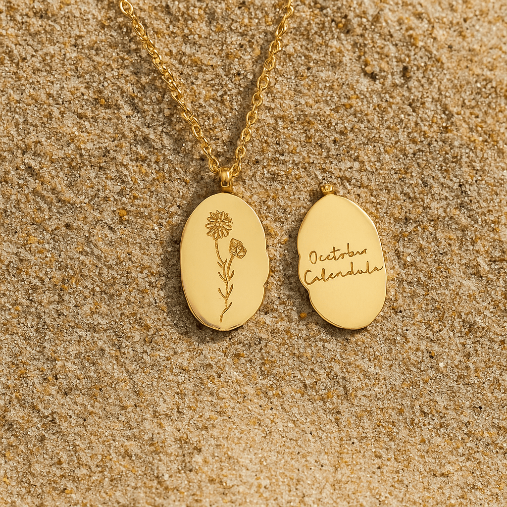 Collar Primavera – Medallón grabado y flor del mes