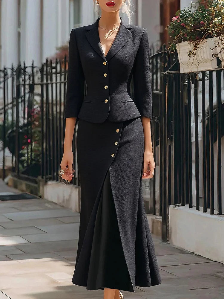 Francesca - Conjunto de blazer con botones y falda midi texturizada elegante