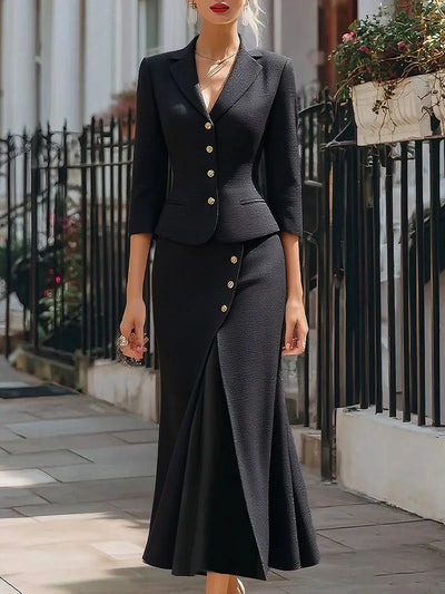 Francesca - Conjunto de blazer con botones y falda midi texturizada elegante