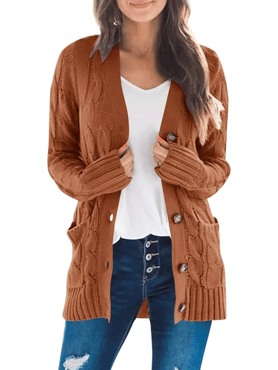 Cárdigan de punto trenzado de mujer, de manga larga, estilo casual de otoño, con botones y abertura frontal