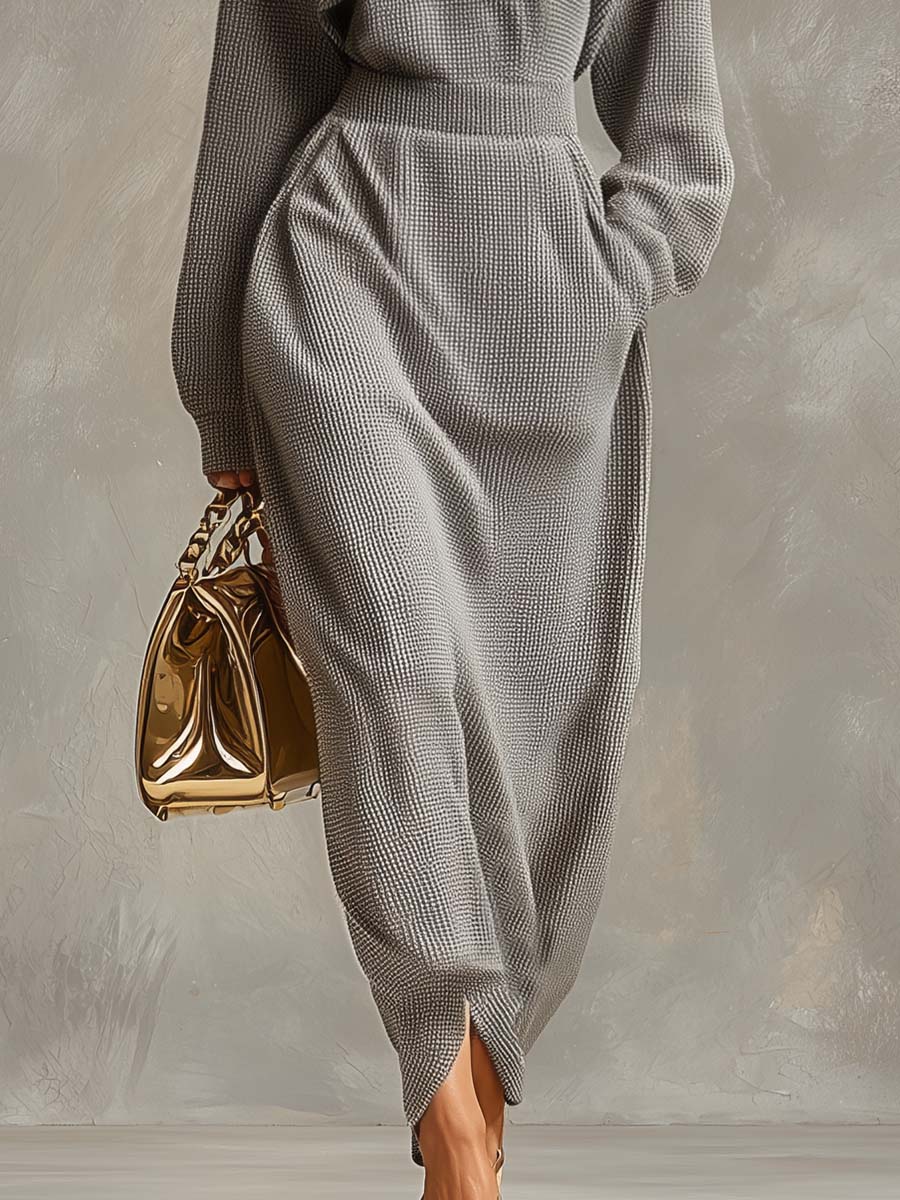 Vestido Maxi Casual con Cremallera y Cuello Gris Claro