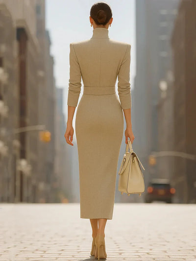 Vestido con cuello mao, cintura entallada y abertura