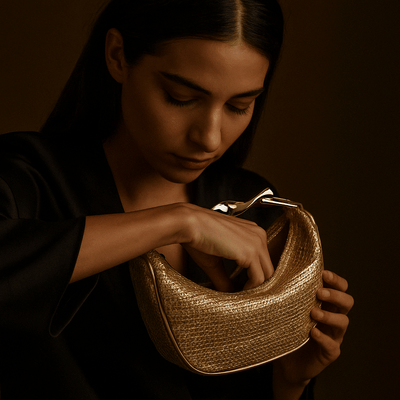 Bolso Alma – Mini media luna trenzada y asa dorada escultórica