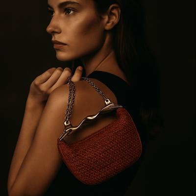 Bolso Alma – Mini media luna trenzada y asa dorada escultórica