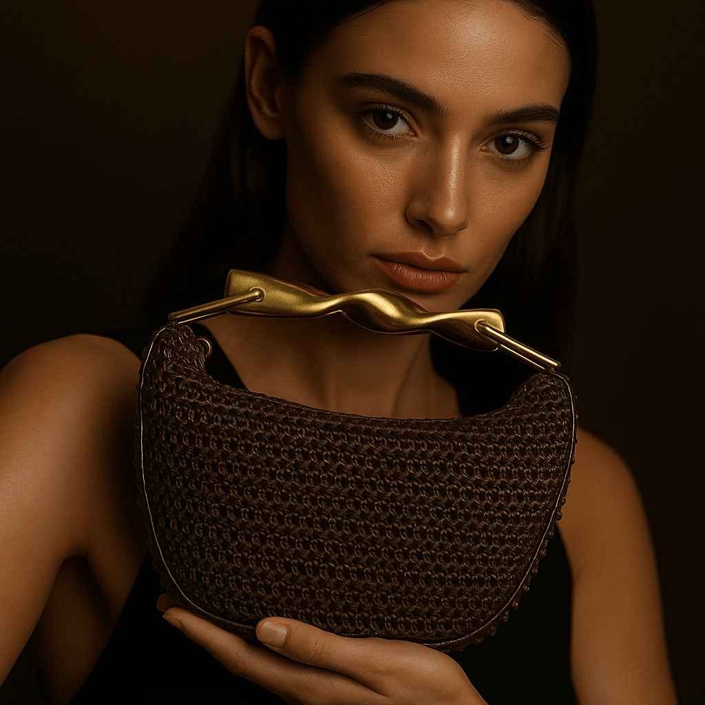 Bolso Alma – Mini media luna trenzada y asa dorada escultórica