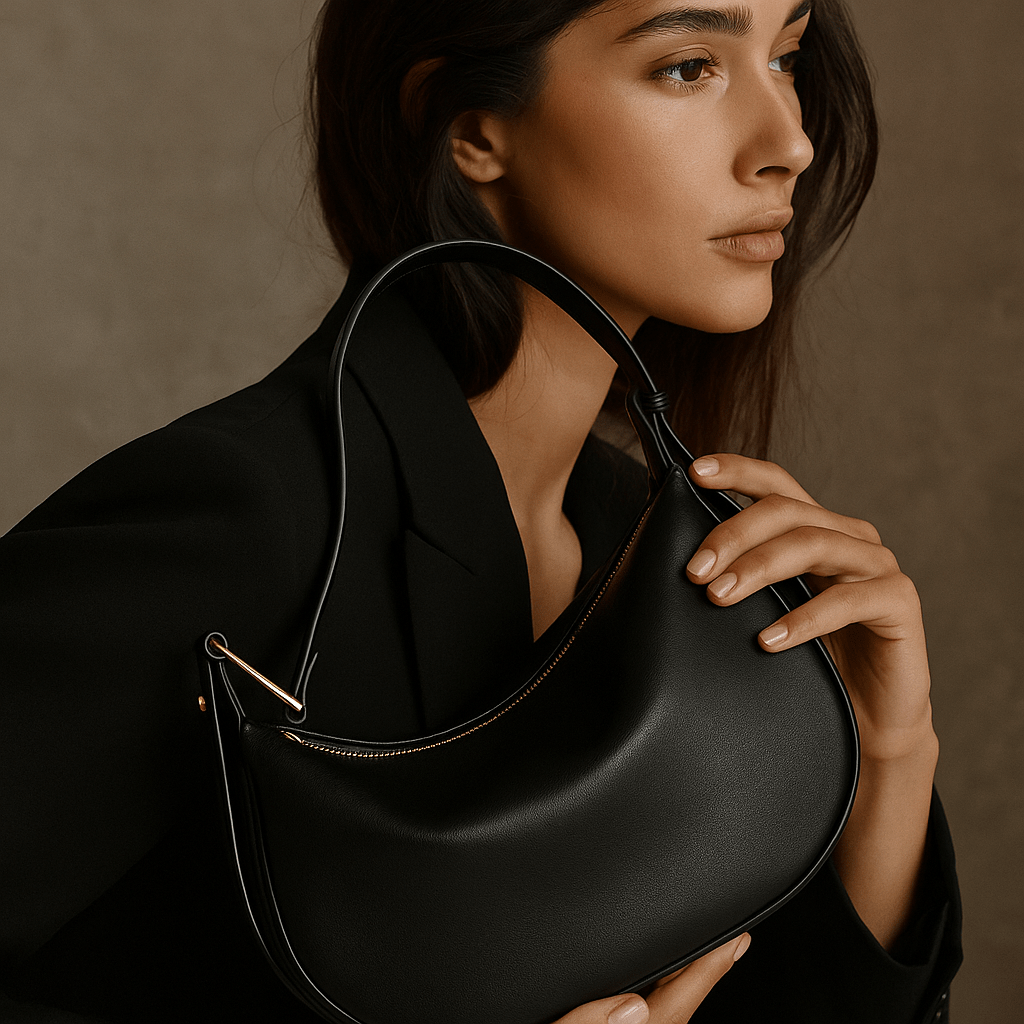 Bolso Livia – Media luna en cuero beige y hebilla dorada escultórica