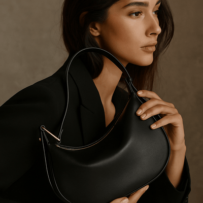 Bolso Livia – Media luna en cuero beige y hebilla dorada escultórica