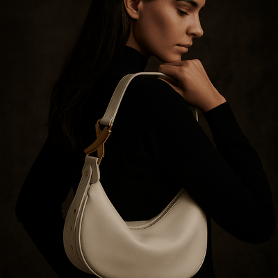 Bolso Livia – Media luna en cuero beige y hebilla dorada escultórica