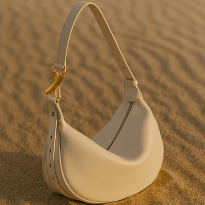 Bolso Livia – Media luna en cuero beige y hebilla dorada escultórica