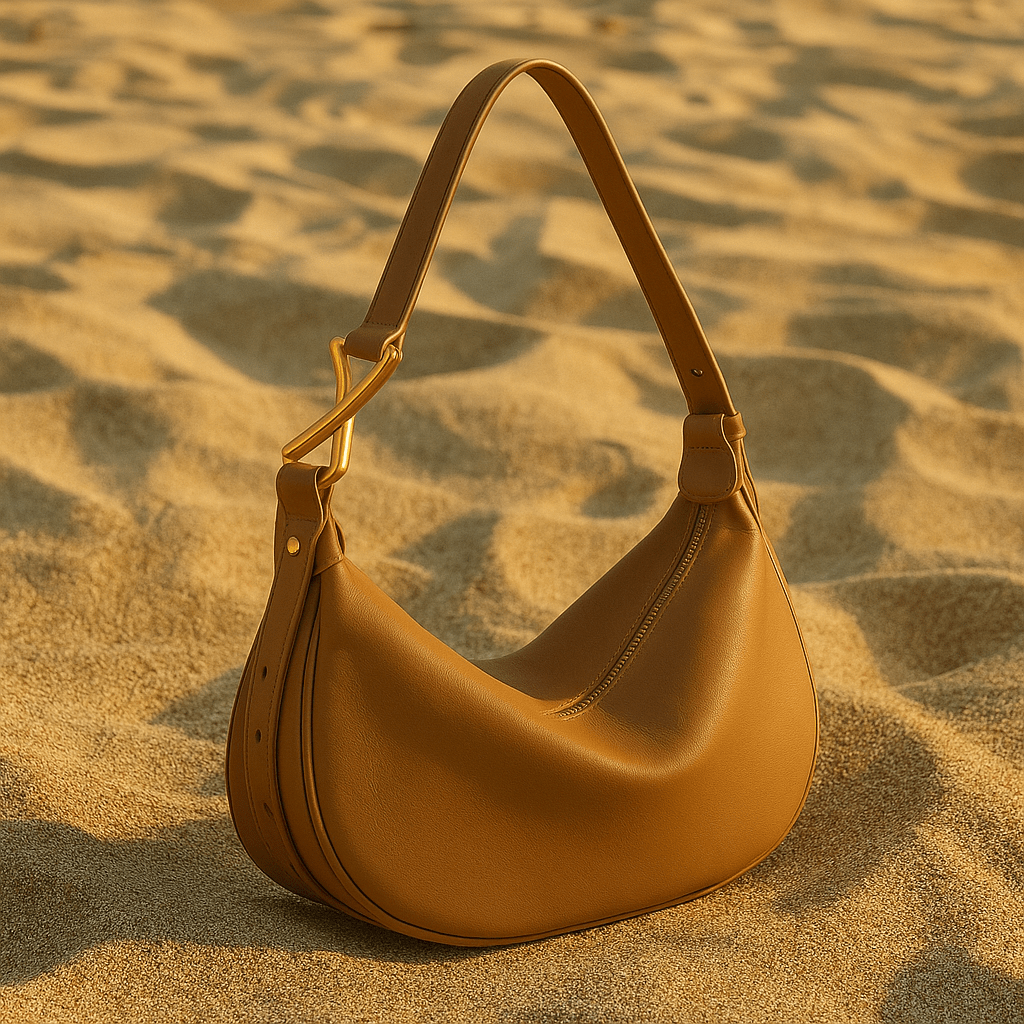 Bolso Livia – Media luna en cuero beige y hebilla dorada escultórica