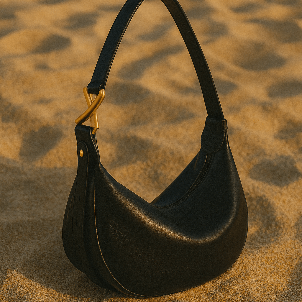 Bolso Livia – Media luna en cuero beige y hebilla dorada escultórica