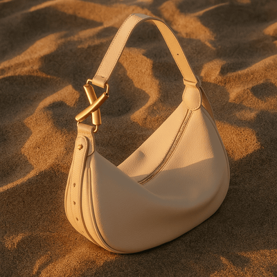 Bolso Livia – Media luna en cuero beige y hebilla dorada escultórica